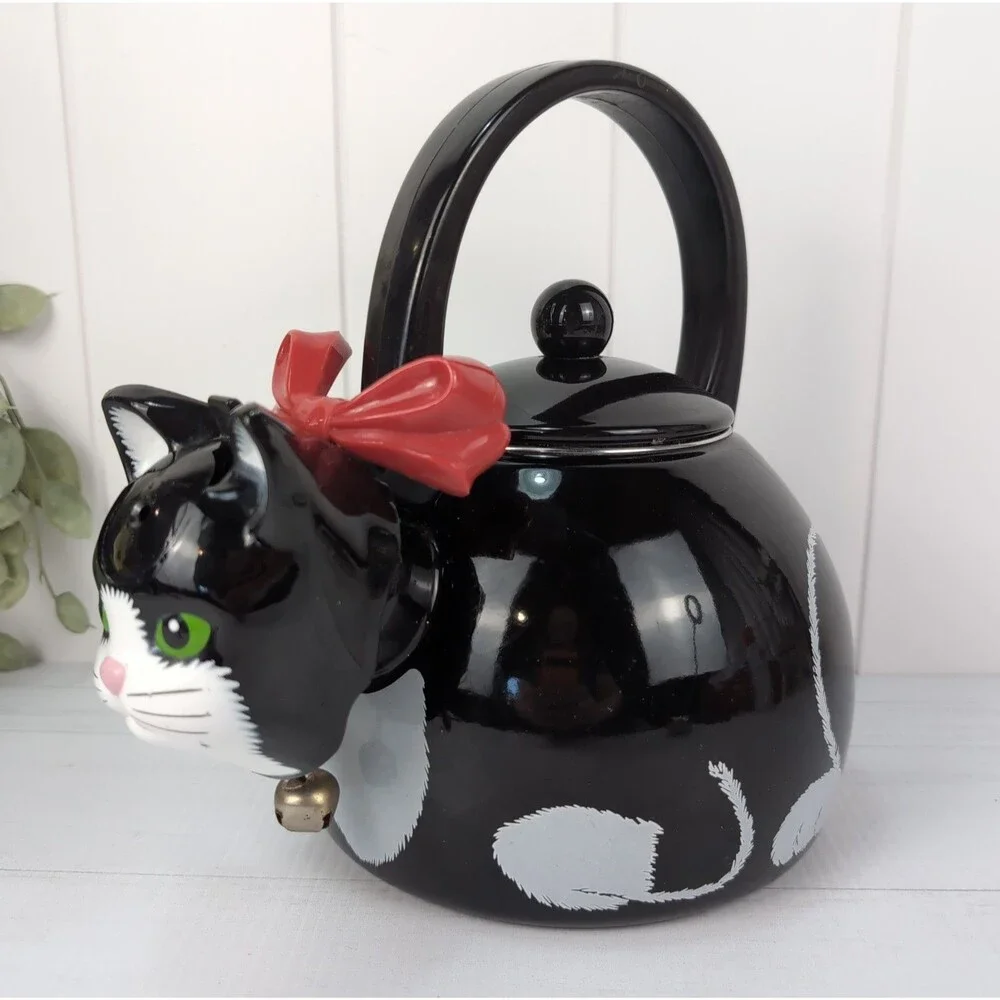 VTG Kitschy Cat Whistling Tea Kettle Black Tuxedo Cat 1990s Ancona Tea Pot